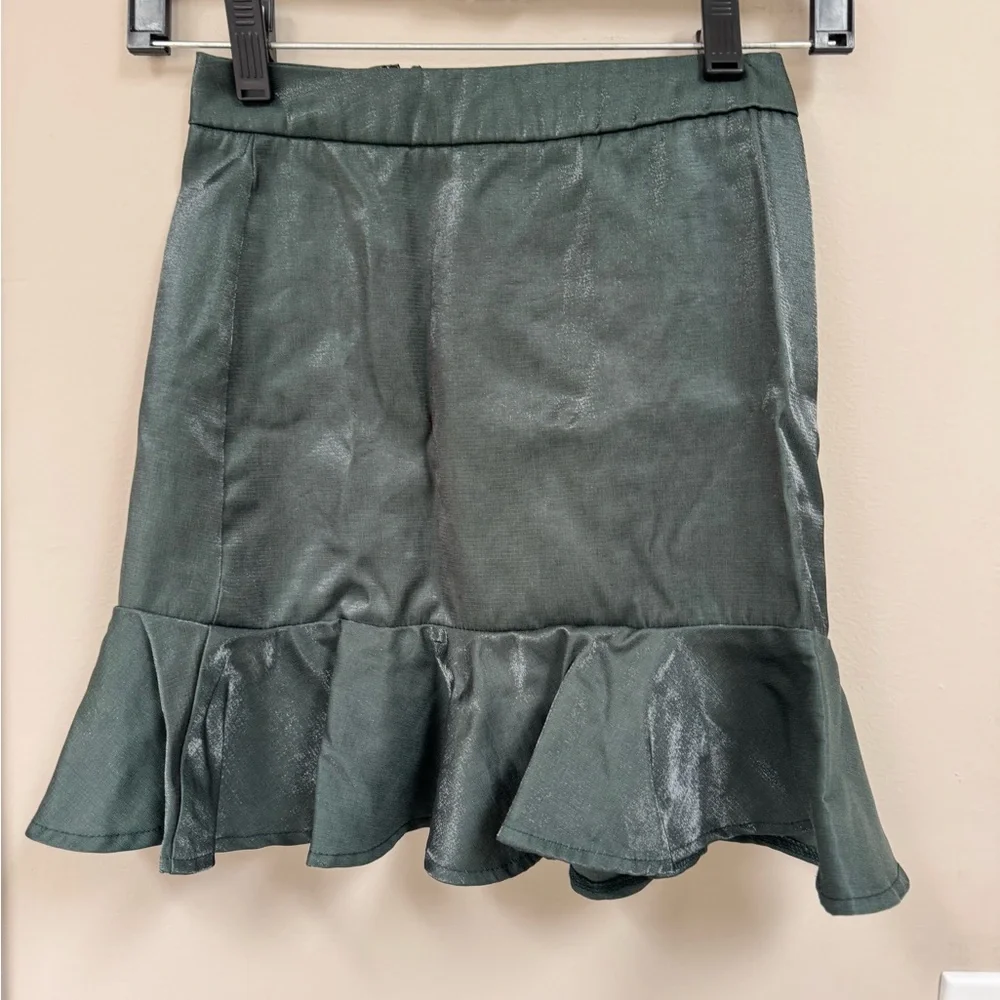 Anthro About Us Lorraine Ruched Skirt XXS Metallic Green Mini Party Skirt